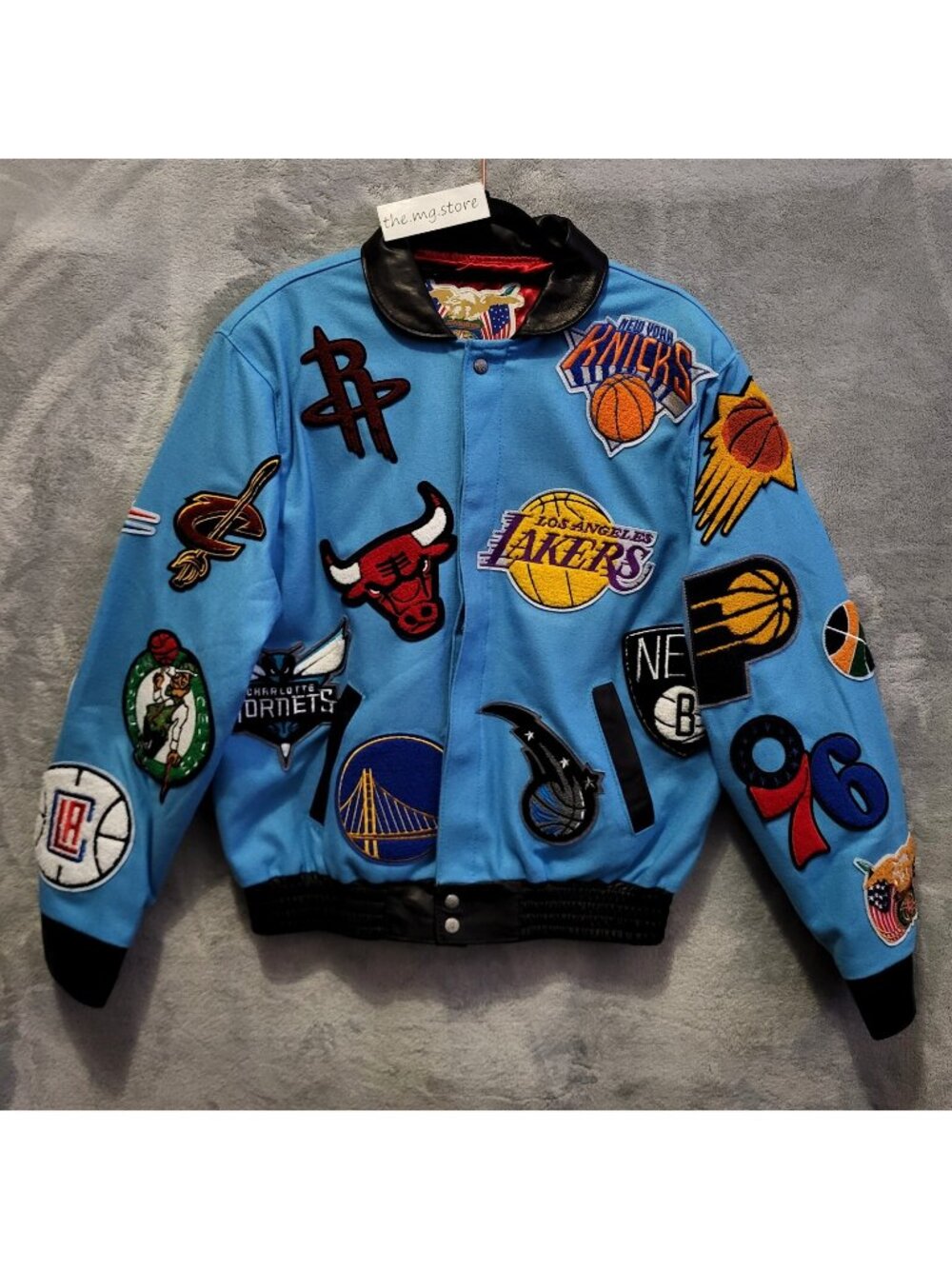 Jeff Hamilton NBA Collage Wool & Leather Blue Jacket Men's Sz Medium Signed